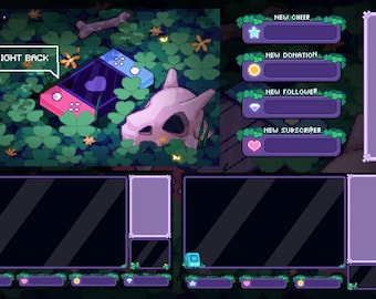 May include: A digital overlay for streaming, featuring a forest theme with a Nintendo Switch, a skull, and clover. The text "BE RIGHT BACK" appears in a speech bubble. Includes panels for alerts and chat.