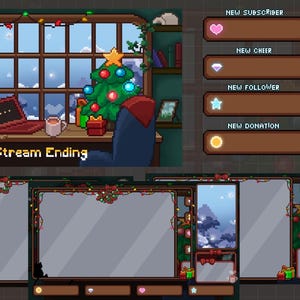 May include: Pixel art Christmas-themed streaming overlay with a cozy room scene, a Christmas tree, and a laptop. Includes panels for subscriber, cheer, follower, and donation notifications. The text "Stream Ending" is visible.