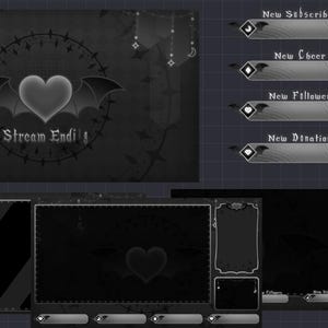 Pakiet nakładek na strumień z mrocznym, czarnym, niebiańskim sercem ze skrzydłami, sceny Twitch z gotyckim sercem wampira, nakładki z klimatem tajemniczej magii