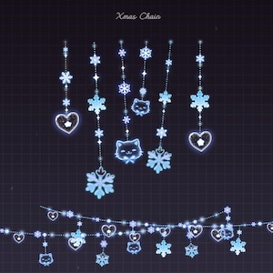 May include: A digital illustration of a Christmas chain with a dark background. The chain features glowing blue snowflakes, hearts, and cat faces. The text "Xmas Chain" is at the top.