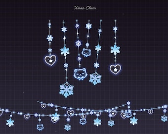 May include: A digital illustration of a Christmas chain with a dark background. The chain features glowing blue snowflakes, hearts, and cat faces. The text "Xmas Chain" is at the top.