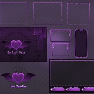 May include: A digital overlay set in shades of purple, featuring a heart with bat wings. The set includes various panels for streaming, such as "Be Right Back" and "New Donation" screens, and status bars for followers and subscribers.