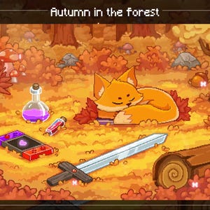 May include: Pixel art illustration of a sleeping orange fox in an autumn forest scene. The image includes a sword, a game console, a potion bottle, and mushrooms. The text "Autumn in the forest" is at the top.