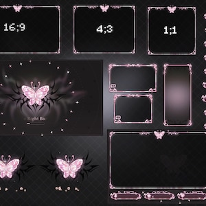 May include: A digital streaming overlay set featuring pink butterfly motifs and black borders. Includes various rectangular frames, aspect ratio labels 16:9, 4:3, 1:1, and a screen with the text "Be Right Back" surrounded by glowing stars and butterfly graphics.