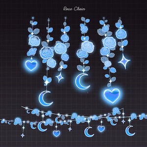 May include: Digital illustration of a rose chain with blue roses, hearts, stars, and crescent moons. The text "Rose Chain" is at the top. The design is on a dark background with a grid pattern.