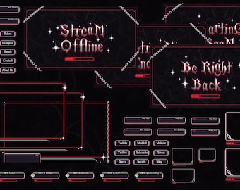 May include: A digital overlay set for streaming, featuring a dark theme with red accents. Includes panels for various functions, such as "Stream Offline" and "Be Right Back", along with social media buttons and display frames. The design incorporates chain and star details.