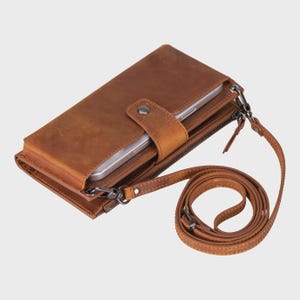 Leder Geldbörse für Damen – Geldbörse mit Reißverschluss, Handytasche & Kartenfächern | Handgemachtes echtes Leder Schultergurt Brieftasche Geschenk