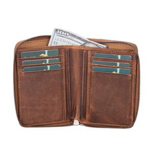 Cartera de cuero RFID con cremallera para hombre: billetera plegable vintage marrón con ventana para identificación, monedero y 12 ranuras para tarjetas.