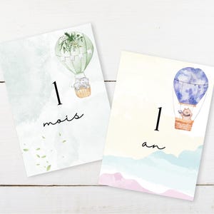 Cartes Étapes Bébé Animaux en Montgolfière – Cartes Mensuelles à Imprimer – Téléchargement A5 , A4, 8 x 10 inch, US letter, US half letter