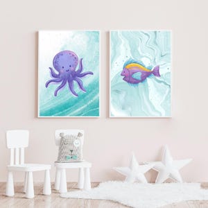 Decoração Murale Monde Marin – Lote de 6 Affiches Bébé à Imprimer – A5 | A4 | 8x10 polegadas | Carta dos EUA | Meia letra dos EUA