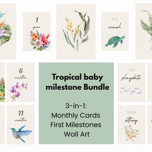 Lot d'étapes marquantes pour bébé tropical - cartes mensuelles, premiers jalons et art mural - téléchargement immédiat, cadeau de baby shower dans la jungle imprimable