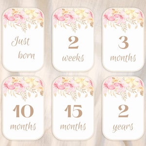 Cartes d'étape florales dorées pour bébés – Ensemble imprimable à découper pour des semaines et des mois | Lettre A5/US | Téléchargement numérique de petite fille