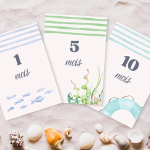 Cartes Étapes Bébé Maritimes – Marqueurs Mensuels Nautiques à Imprimer pour Photos, Cadeau Naissance, Déco Bord de Mer, Baby Shower Été