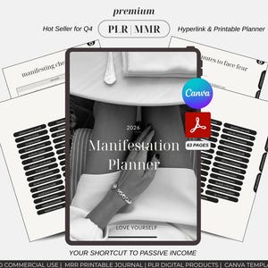 May include: A digital planner with the text "2026 Manifestation Planner" and the Canva and PDF logos. The image includes the text "Hot Seller for Q4" and "Hyperlink & Printable Planner". The planner has 63 pages.