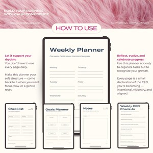 K&ouml;nnte beinhalten: Digitaler Wochenplaner mit rosa Hintergrund. Der Planer enth&auml;lt Abschnitte f&uuml;r eine Checkliste, Ziele, Notizen und einen w&ouml;chentlichen CEO-Check-in. Der Text lautet: "Bauen Sie Ihr Gesch&auml;ft mit ruhigem Selbstvertrauen auf."