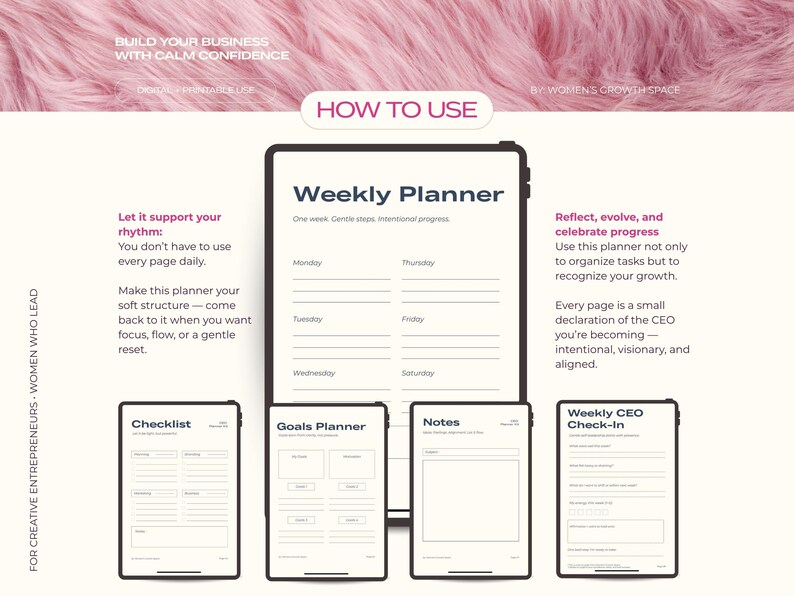 K&ouml;nnte beinhalten: Digitaler Wochenplaner mit rosa Hintergrund. Der Planer enth&auml;lt Abschnitte f&uuml;r eine Checkliste, Ziele, Notizen und einen w&ouml;chentlichen CEO-Check-in. Der Text lautet: "Bauen Sie Ihr Gesch&auml;ft mit ruhigem Selbstvertrauen auf."