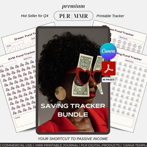 May include: A digital product bundle with the text "SAVING TRACKER BUNDLE" on a tablet screen. The image features a person wearing heart-shaped sunglasses with dollar bills. Includes printable trackers and Canva templates.