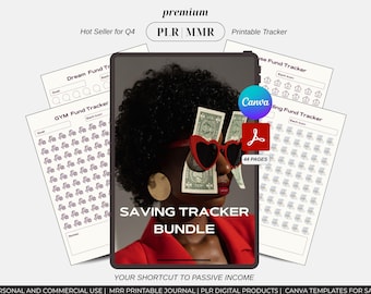 Może przedstawiać: Pakiet produktów cyfrowych z tekstem "SAVING TRACKER BUNDLE" na ekranie tabletu. Obraz przedstawia osobę noszącą okulary przeciwsłoneczne w kształcie serca z banknotami dolarowymi. Zawiera drukowane trackery i szablony Canva.