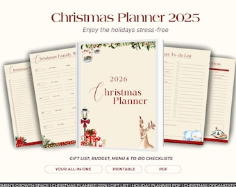 Op de afbeelding: Een crèmekleurige kerstplanner voor 2026 met een feestelijk ontwerp, inclusief een hert, cadeaus en een lantaarn. De planner is omgeven door bijpassende pagina's voor lijsten en ideeën. De tekst luidt "Christmas Planner 2025" en "Enjoy the holidays stress-free."