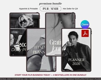 May include: A digital product bundle featuring four planners: a daily planner, a fitness planner, a gratitude journal, and a 2026 planner. The image displays the planners on tablets with black and white imagery and text. The bundle is labeled as a "premium bundle" and "hot seller for Q4".