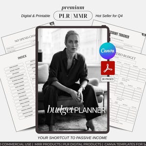 May include: A digital budget planner with a woman sitting on a couch, displayed on a tablet. The image includes the text "budget PLANNER", "Digital & Printable", and "36 PAGES". Additional pages with financial trackers are visible.