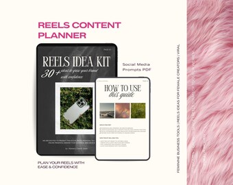 Könnte beinhalten: Ein digitaler Planer für die Erstellung von Social-Media-Inhalten. Das Bild zeigt zwei Tablets mit dem Text "REELS IDEA KIT" und "HOW TO USE this guide". Der Planer enthält Anregungen und Ideen, um eine Marke aufzubauen.