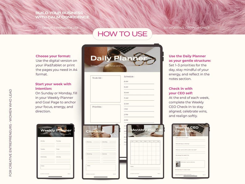 K&ouml;nnte beinhalten: Digitaler Planer mit rosa Hintergrund. Das Bild zeigt ein Tablet mit einem Tagesplaner, umgeben von anderen Planerformaten: w&ouml;chentlich, Checkliste, monatlich und w&ouml;chentlicher CEO-Check-in. Der Text enth&auml;lt "Bauen Sie Ihr Gesch&auml;ft mit ruhigem Selbstvertrauen auf" und "Wie man es benutzt".