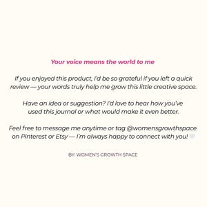 K&ouml;nnte beinhalten: Cremefarbener Hintergrund mit rosa Text, der lautet: "Your voice means the world to me". Zus&auml;tzlicher Text ermutigt zu Bewertungen und Vorschl&auml;gen. Der Text ist signiert "BY: WOMEN'S GROWTH SPACE."