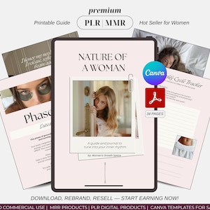 Puede incluir: Maqueta de producto digital con una tableta con el título "Nature of a Woman" y varias páginas circundantes. La imagen incluye el texto "Printable Guide", "PLR MMR" y "Hot Seller for Women". También son visibles un logotipo de Canva y un icono de PDF.