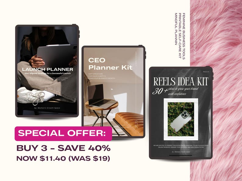 K&ouml;nnte beinhalten: Drei digitale Planer-Kits werden angezeigt. Die Kits umfassen einen "Launch Planner", ein "CEO Planner Kit" und ein "Reels Idea Kit". Der "Launch Planner" zeigt eine Person, die ein Tablet benutzt. Das "CEO Planner Kit" zeigt einen Laptop. Das Bild enth&auml;lt Text.