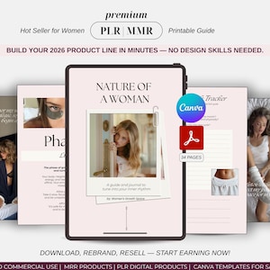 Può includere: Mockup di prodotto digitale con un tablet che mostra una guida "Nature of a Woman", insieme ad altre pagine con contenuti correlati. L'immagine include il logo Canva e un'icona PDF, che suggerisce una guida stampabile di 34 pagine. Il testo include "Hot Seller for Women".
