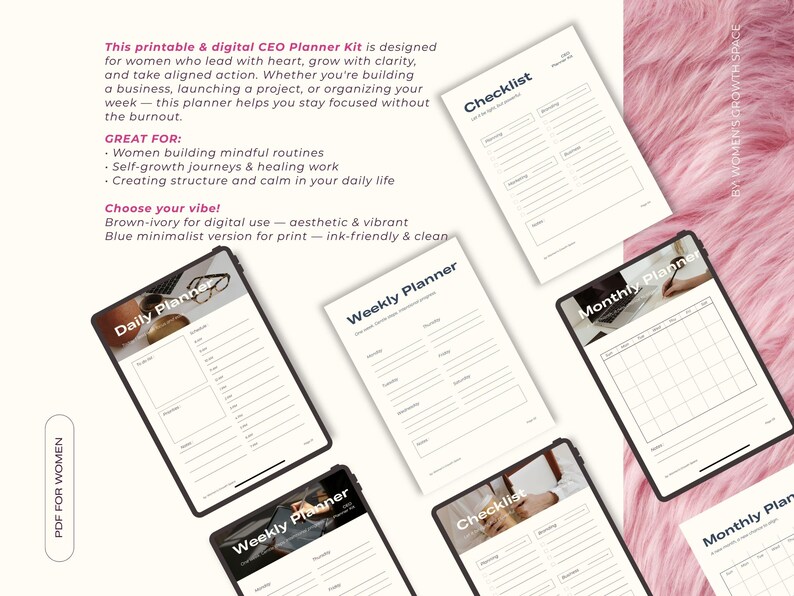 K&ouml;nnte beinhalten: Ein digitales CEO-Planer-Kit mit verschiedenen Planungsseiten, darunter Tages-, Wochen- und Monatslayouts sowie Checklisten. Der Planer ist f&uuml;r Frauen konzipiert und verf&uuml;gt &uuml;ber ein minimalistisches Design mit dem Text "PDF FOR WOMEN".