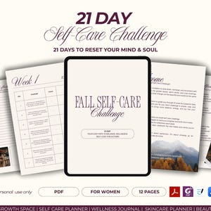 Könnte beinhalten: Ein digitaler Selbstpflegeplaner mit dem Text "21 Day Self-Care Challenge" und "Fall Self-Care Challenge". Der Planer enthält Seiten für Reflexion, Herausforderungen und Affirmationen. Das Design ist in neutralen Tönen gehalten.