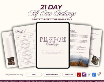 Könnte beinhalten: Ein digitaler Selbstpflegeplaner mit dem Text "21 Day Self-Care Challenge" und "Fall Self-Care Challenge". Der Planer enthält Seiten für Reflexion, Herausforderungen und Affirmationen. Das Design ist in neutralen Tönen gehalten.