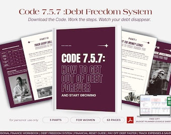 Könnte beinhalten: Ein digitales Produkt mit dem Titel "Code 7.5.7: Wie man sich für immer von Schulden befreit". Das Cover ist in dunklem Burgunderrot mit weißem Text gehalten. Das Bild enthält einen Laptop mit einem Budgetplaner und mehrere Seiten mit Finanztipps.