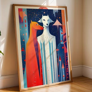 Surreal pet poster, cosmic dogs wall art, celestial companion print, mystical guardians, modern symbolic animal artwork, whimsical pet, 081