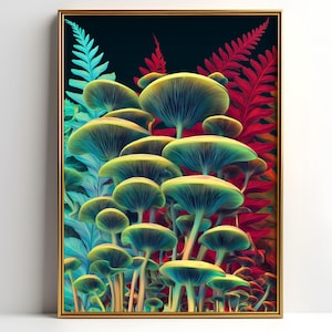 Mushroom Forest Wall Art Gift, Student Dorm Trippy Botanical Print With Ferns And Fungi, Magical Nature Poster For Witchy Or Boho Decor,657B