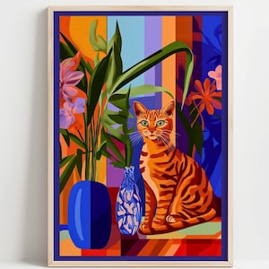 Arte mural de gato pop art, estampado de gato colorido, atrevido y divertido, decoración maximalista retro de los años 70, póster abstracto de animales moderno y funky, 030