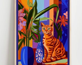 モダンな縞模様の猫のアートプリント、カラフルなポップアート、猫の