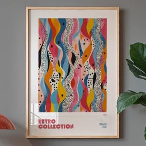 ¡Destaca! Arte mural abstracto ondulado, póster de puntos y curvas de colores, estampado psicodélico de los años 70, decoración maximalista moderna, amarillo coral vintage, 006