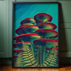 Bold Mushroom Forest Wall Art Gift, Student Dorm Trippy Botanical Print Ferns Fungi, Magical Nature Poster For Witchy Or Boho Decor,659B