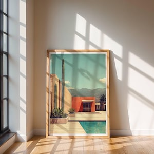 Mid Century Modern Desert Print, Retro Palm Springs Stil Wandkunst, Kaktus am Pool Poster, minimalistische Architekturkunst, 307B