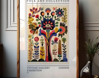 Folk Art Floral Poster, Colorful Botanical Print, Whimsical folk-inspired wall art, Maximalist Flower Decor, 157