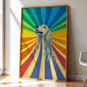 Arte de pared de perro arcoíris, estilo retro, con un cachorro radiante y psicodélico, estampado vintage funky de los años 70, arte canino colorido y moderno, decoración maximalista de dopamina, regalo 061