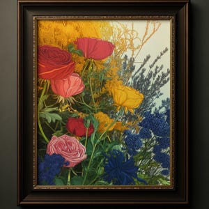 Lebendige Wildblumen Wandkunst, Botanische Illustration mit Roten, Blauen, Gelben Blumen, Geschenk Idee für einen Traditionellen Garten Illustration 102B