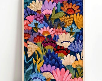 Maximalistische Blumenwandkunst, mutiger Blumen-Posterdruck, buntes Boho-Botanisches Dekor, lustiges Retro-Blumenplakat, lebendiger dunkler Hintergrund, 761B