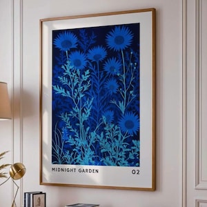 Stampa botanica con margherite blu, stampa floreale da parete a mezzanotte, poster floreale in xilografia, parete galleria malinconica, decorazione cottagecore scura, stampa botanica verde, 382