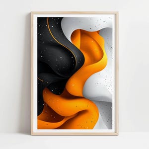 May include: Abstract art print in a wooden frame. The artwork features flowing, three-dimensional shapes in black, orange, and white. The black section has white speckles, and the orange section has a gradient effect. A gold line accents the black area.