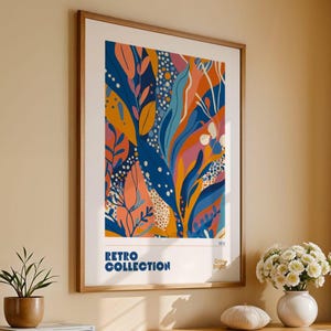 Póster botánico retro "Grow Bright", arte mural floral abstracto, estampado maximalista de los años 70, decoración vintage en azul y naranja, 003