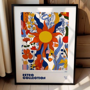 Girasol retro al amanecer, arte mural floral maximalista, póster inspirado en los años 70, estampado botánico bohemio brillante, arte en amarillo, rojo y azul intenso, 093
